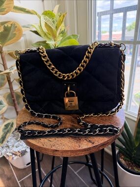 Black Quilted Chain-Handle Shoulder Bag with Gold and Silver Hardware